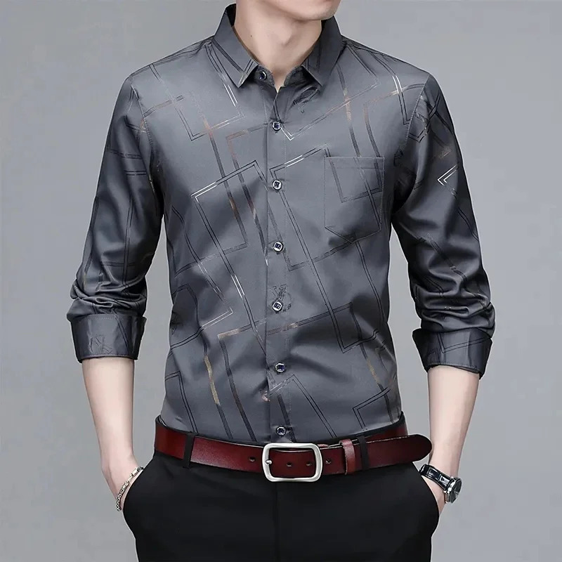 Mens Casual and Fashionable Long Sleeved Printed Shirt Non Ironing Wrinkle Resistant Business Top 250725