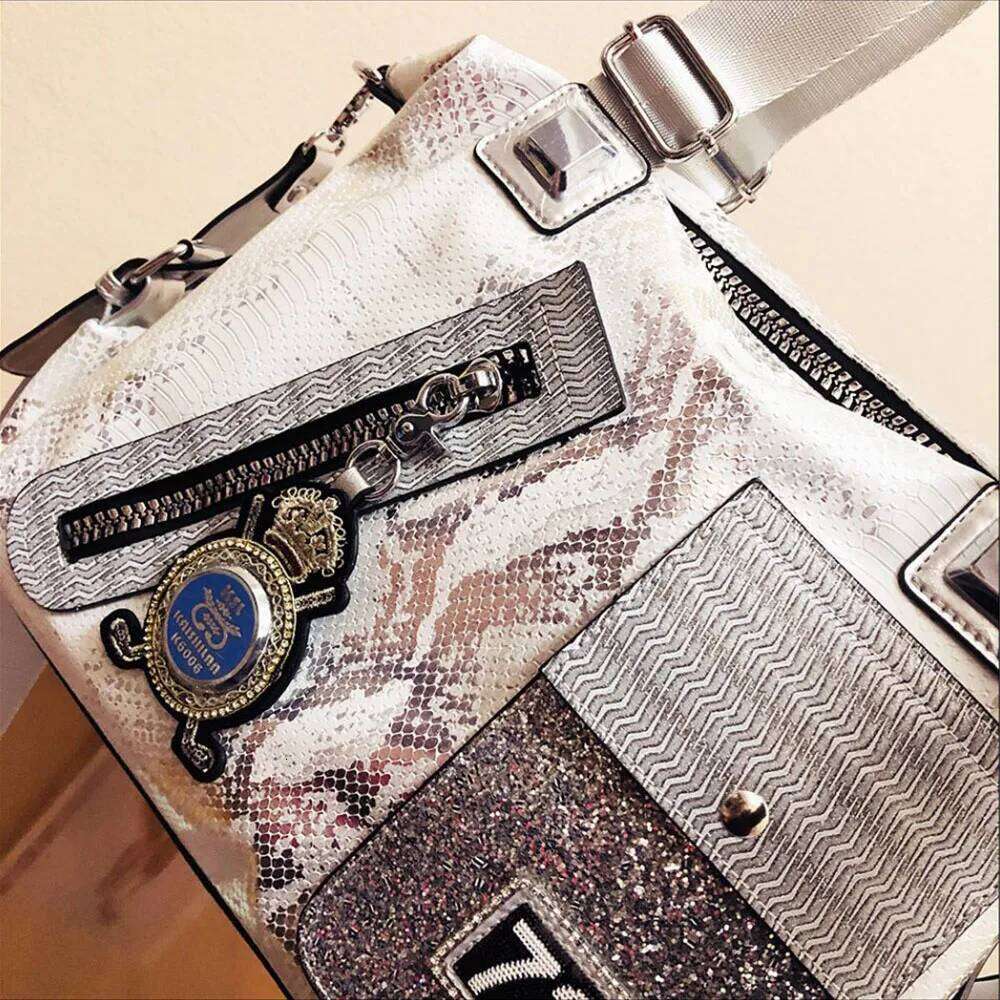 Fashion Brand Women Dia Leather Shoulder Bags Large Capacity Handbags Sequins Black Retro Crossbody Tote Bag