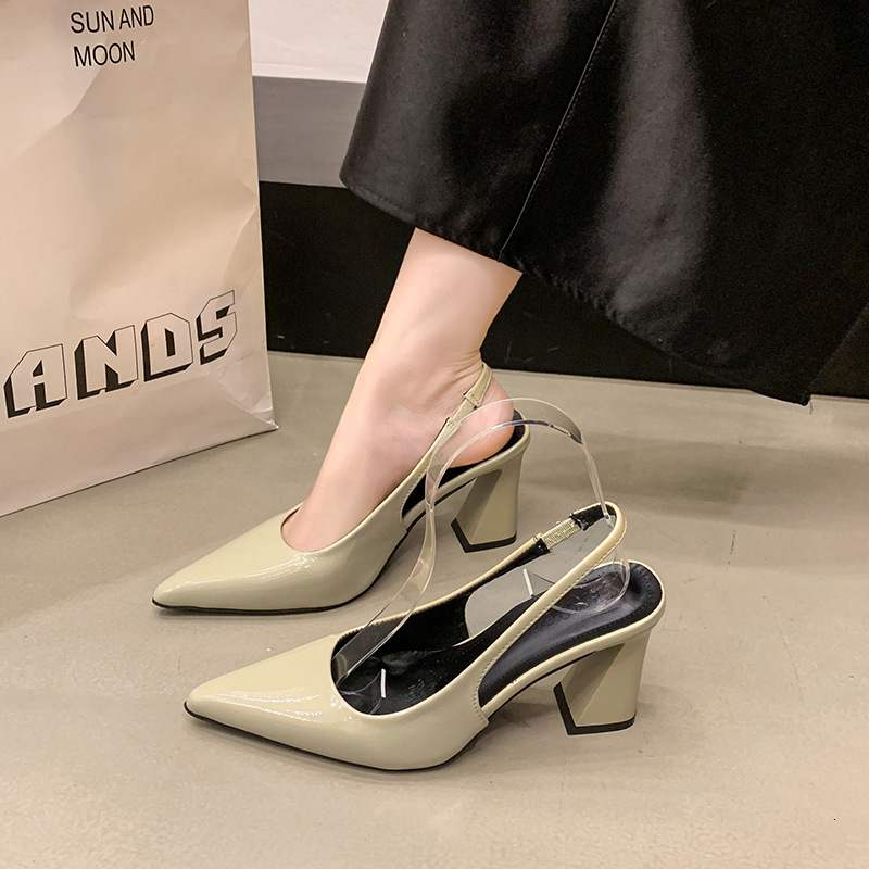 Ddmysports French Style Elegant Pointed Toe Backless Strap Sandals For Women Summer New Patent Leather Fashion Chunky High Heels Single Shoes Outdoor 