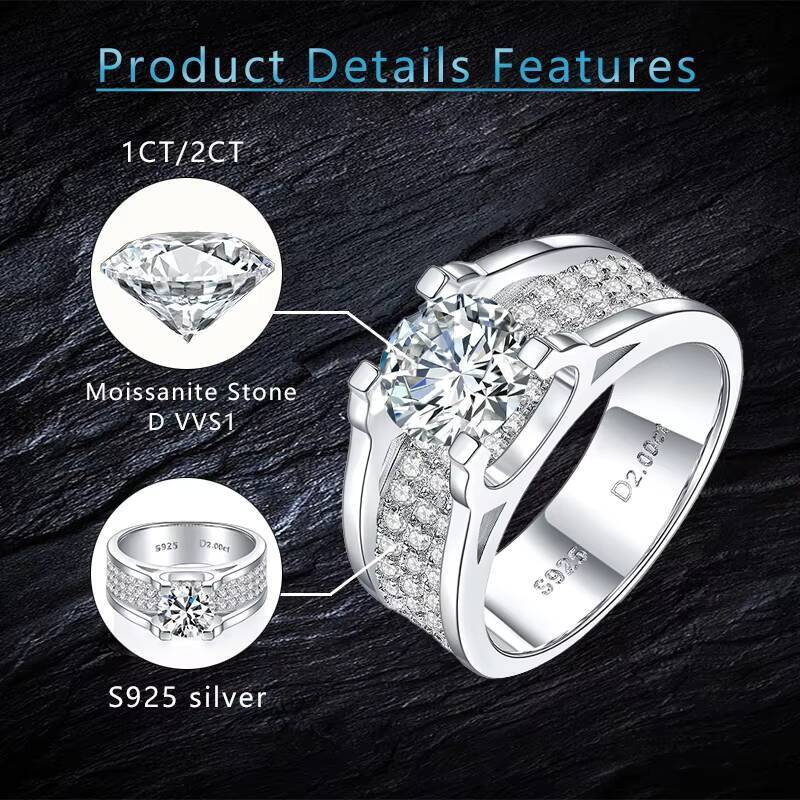 Fine Jewelry Engagement Ring Side Zircon Gemstones Men Silver Ring 925 D VVS 1ct 2ct Moissanite Diamond Men Ring