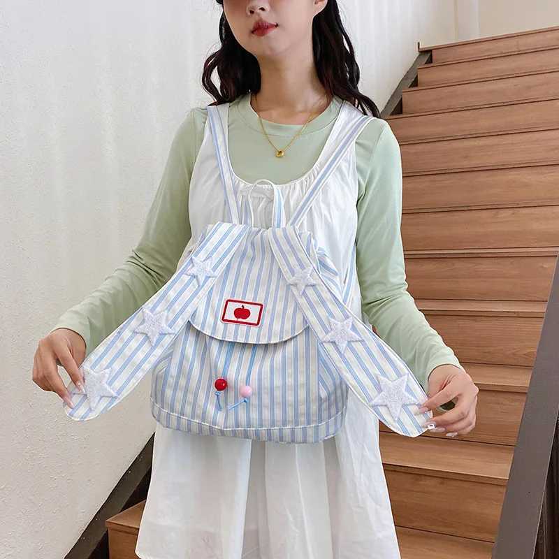 Ladies Backpack Striped Stars Sweet Cute Japanese Kaii JK Preppy Style Large Capacity Waterproof Schoolbags For Students Y250724