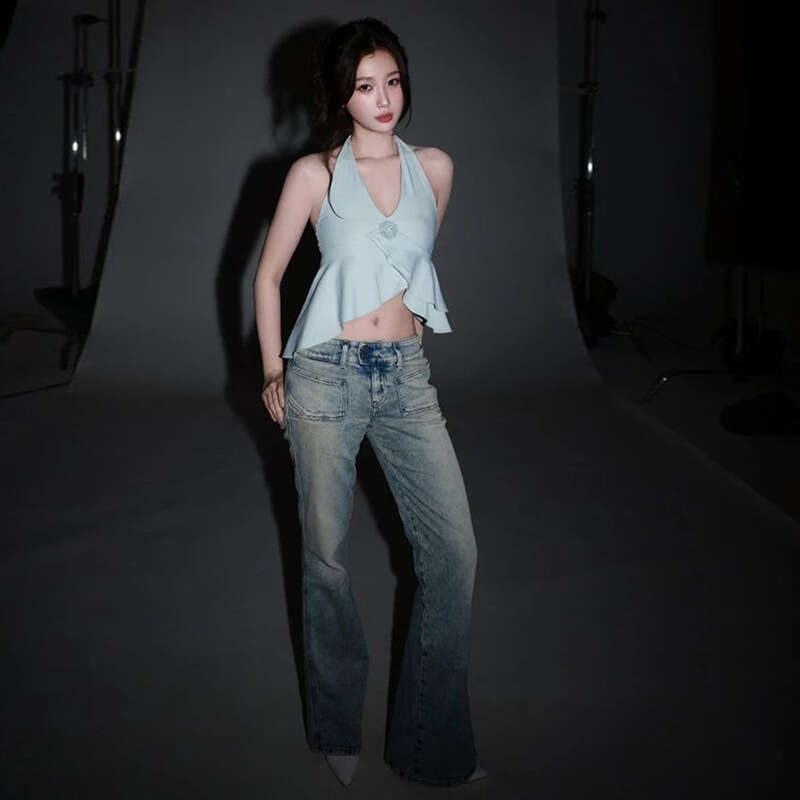 Women's Clothing 2025 Summer New Street Fashion Solid Color Sexy Halter Ruffle Tank Top for Women 8cf