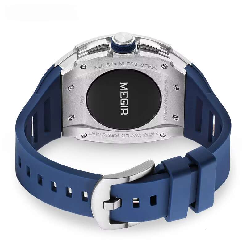 DHgargets MEGIR Men's Tonneau Watch - Chronograph, Luminous, 30M Waterproof, Stainless Steel, Silicone Strap