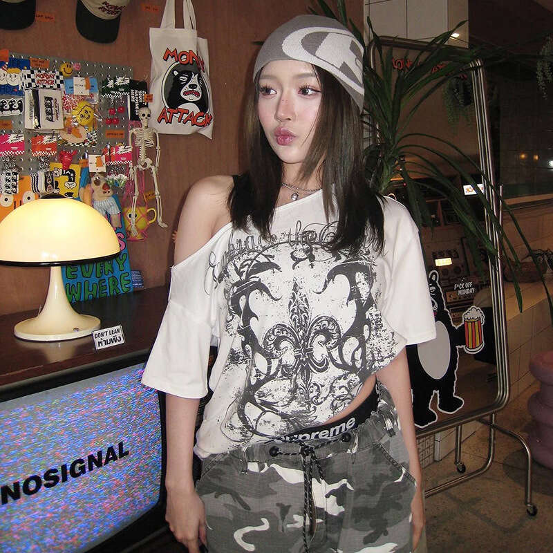 Women's Clothing 2025 Spring Summer New Street Fashion Printed Sexy Asymmetrical Neck Short Sleeve Loose T-Shirt dd5