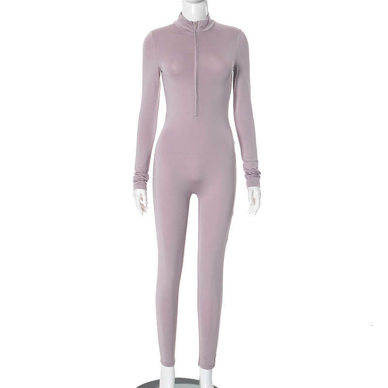 Yjp670 Women's Autumn Winter Half High Collar Zipper Slimming Solid Color Tight Sports Line Jumpsuit B5
