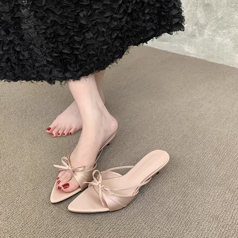 Ddmysports Summer New Satin Pointed Peep High Heels Stiletto Sexy Open Toe Sandals Half Slippers Outdoor Shoes