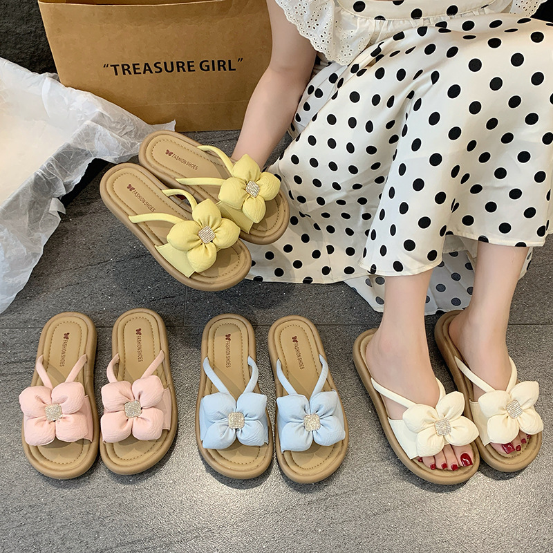 Ddmysports Fashion Rhinestone Flower Thick Sole Slippers For Women Summer Outdoor New Fairy Style One Strap Platform Sandals Outdoor Shoes