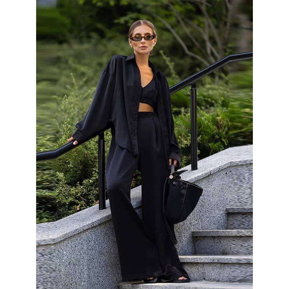 Designer Leisure High Quality Elegant Silk Shirt Bra Pants Sets 3 Pieces Women Casual Single Breasted Lapel Loose Shirts Corset Straight Trousers Suit
