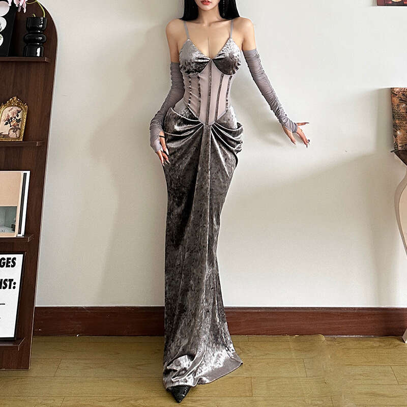 2024 Autumn Winter New Women's Solid Color Slim High Waist Fashion V-neck Strap Backless Dress fb9