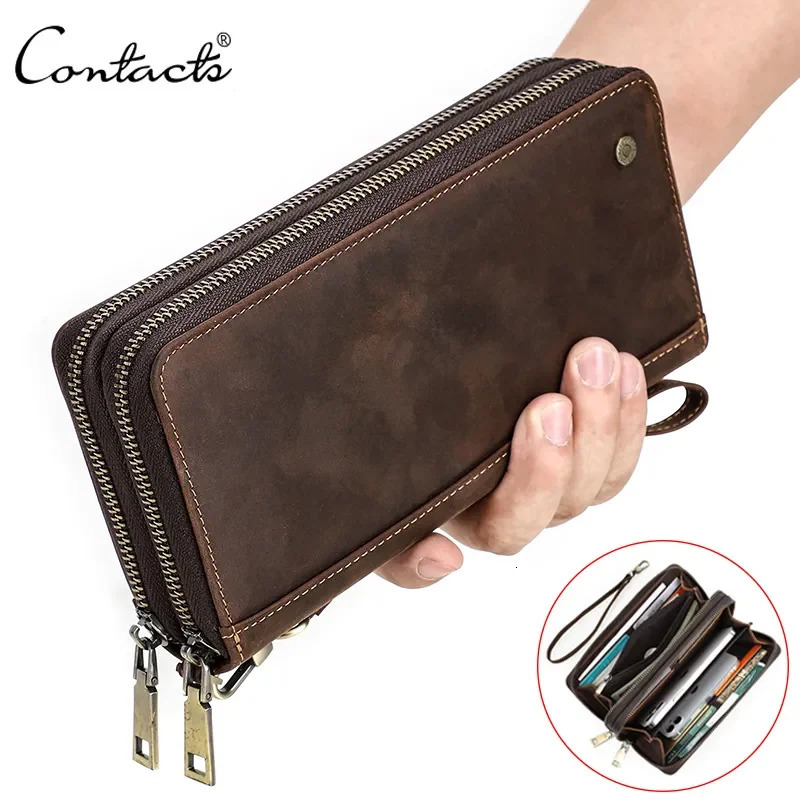 ContactS Genuine Leather Mens Wallet Clutch Bag Card Holder Long Wallets Double Zipper Large Capacity Vintage Male Purses 250723
