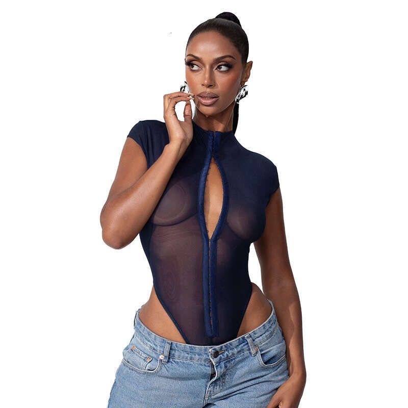 Ybs123 Women's Summer New Solid Color Hidden Button Sleeveless Mesh Sexy Jumpsuit B5