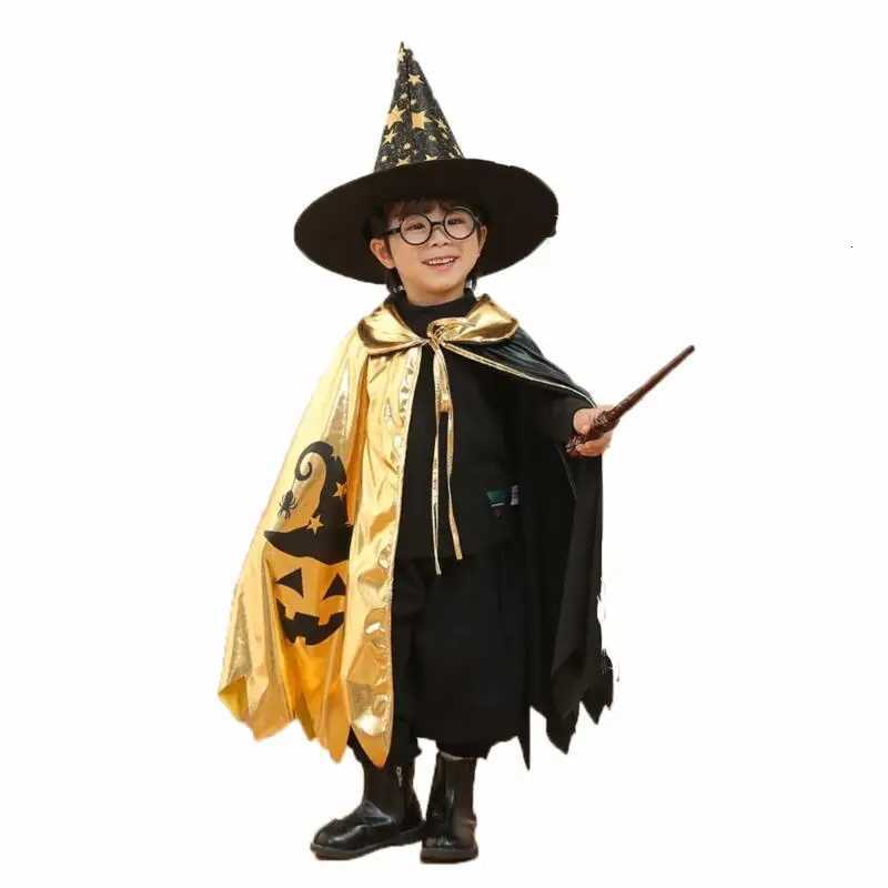 Kids Halloween Unisex Witch Cosplay Cloak + Witch Hat 2 Piece Costume Carnival Par Fancy Gold Black Color Blocking Dress Cape Z250725