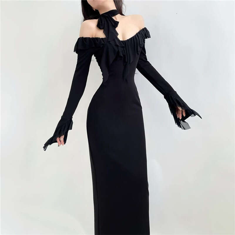 Women's Clothing 2023 Autumn Winter New Sexy Long Sleeve Off-Shoulder High Waist Bodycon Dress cfb