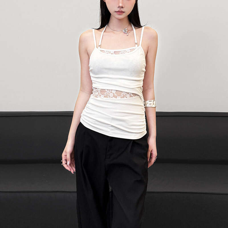 Women's Clothing 2025 Spring Summer New Solid Color Sexy Strap Slim Fit Ruched Mesh Camisole 0ff