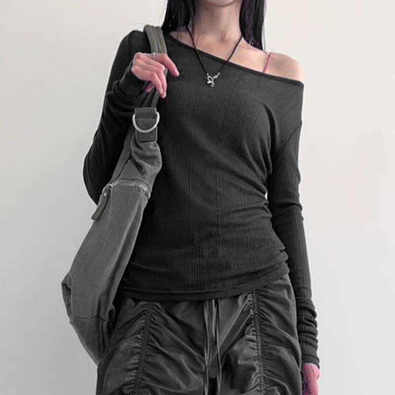 2023 Summer New Women's Fashion Solid Color Sexy Off-Shoulder Long Sleeve T-Shirt 1d3