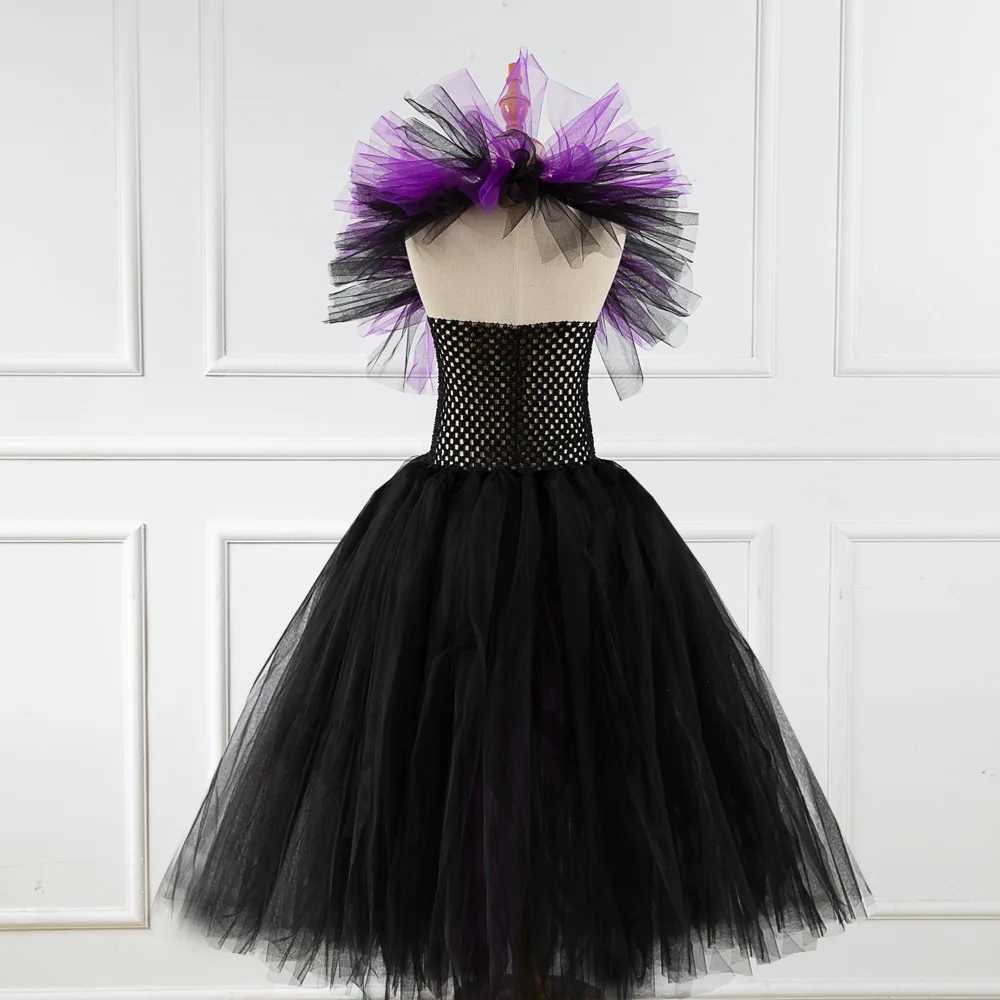 Girls Cosplay Evil Queen Costume Kids Halloween Witch Dress Handmade Knitted Tulle Tutu Ruffles Floor Length Princess Hat Outfit Z250725
