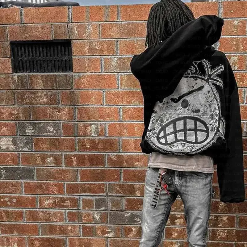 Streetwear Hoodie Y2k Hip Hop Retro Patch Black Oversized Sweatshirt Mens Harajuku Gothic Pullover Clothes 250725