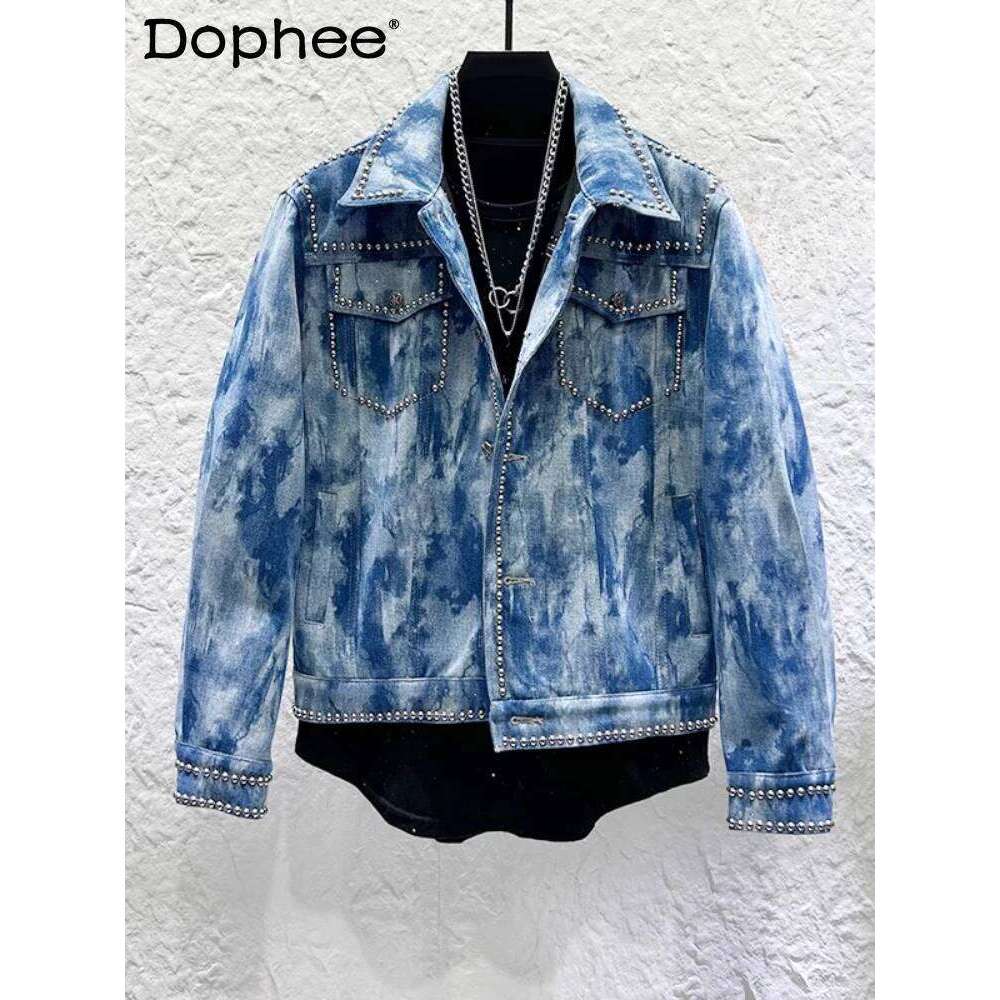 2025 Spring Trendy Rivet Tie-Dye Long Sleeve Pocket Decoration Jackets Men's Retro Tooling Short Style Denim Jacket Tops