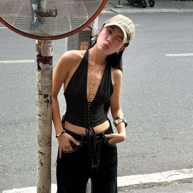 2025 Summer New Deep V Lace-Up Vest Halter Slim Sexy Hot Girl Versatile Top for Women e02