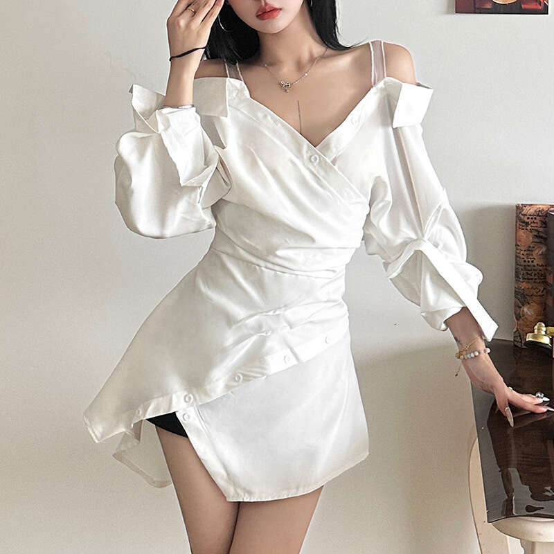 2024 Autumn New Women's Solid Color Slim High Waist Fashion V-neck Long Sleeve Strap Dress 3d9