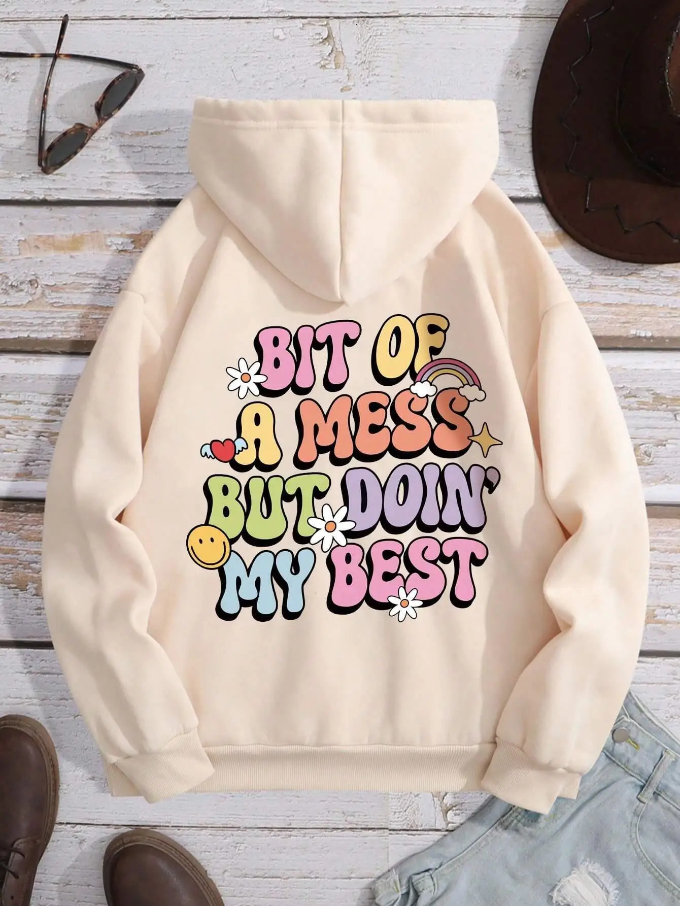 Bit Of A Mess But Doin My Letter Print Hoodie Women Fashion Comfortable Hoody Street Soft Sweatshirt Warm Fleece Tracksuit 250725