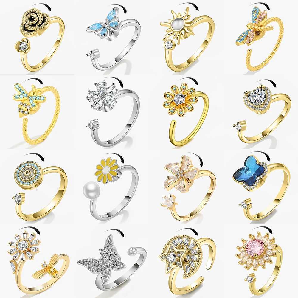 SMJEL Fidget Rotating Ring for Womens Anxiety Multi Crystal Flower Eyes Butterfly Animal Ring Rotating Pressure Resistant Wedding Jewelry W250417