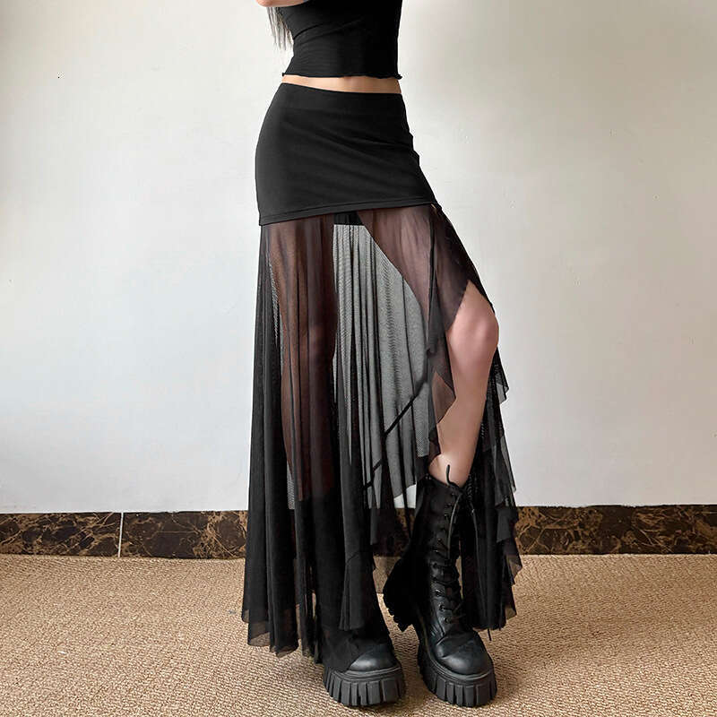 2024 Spring New Women's Solid Color Sexy High Waist Mesh Patchwork Skirt 163