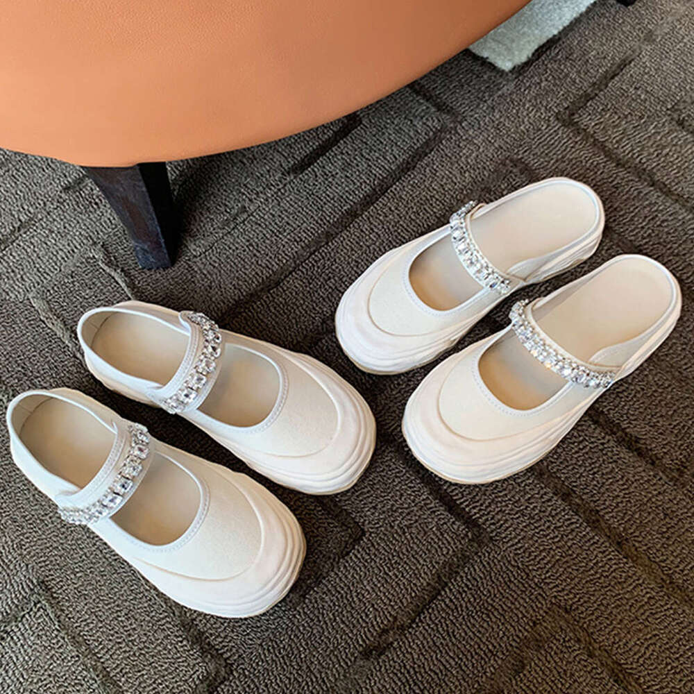 Designer Studiolee Rhinestone One-Strap Velcro Large Round Toe Shallow Mouth Mary Jane Half-Slip Canvas Shoes for Women