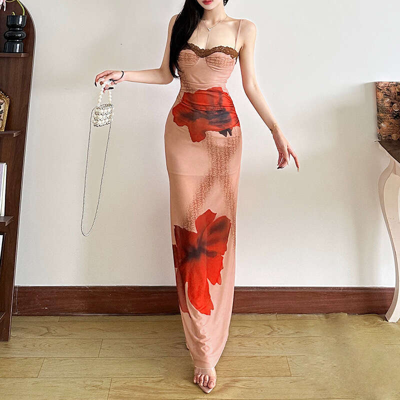 2025 Summer Ins Style Plant Print Slim Sleeveless Backless Slimming Color Block Lace Strap Long Dress for Women 2a1