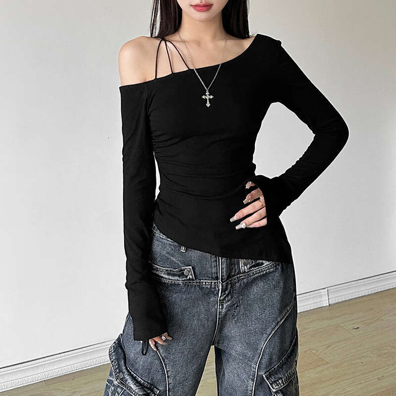 2024 Autumn New Women's Fashion Solid Color Slim Street Style Asymmetrical Neck Strap Long Sleeve Top 34a