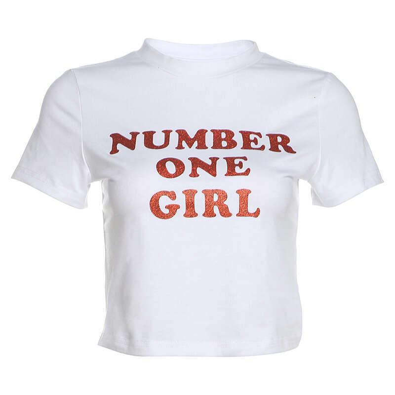 2025 Spring New Women's Fashion Solid Color Slim Street Style Round Neck Short Sleeve Printed Top 958
