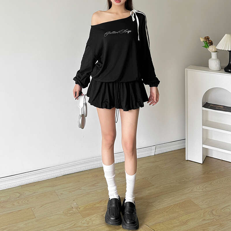 2024 Autumn New Women's Solid Color Loose Street Fashion Asymmetrical Neck Rhinestone Long Sleeve Dress ff9