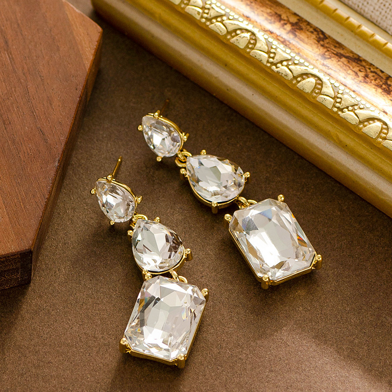 Fashion Geometric Square Crystal Tassel Light High-end Feel Slimming for Round Face Sier Needle Earrings