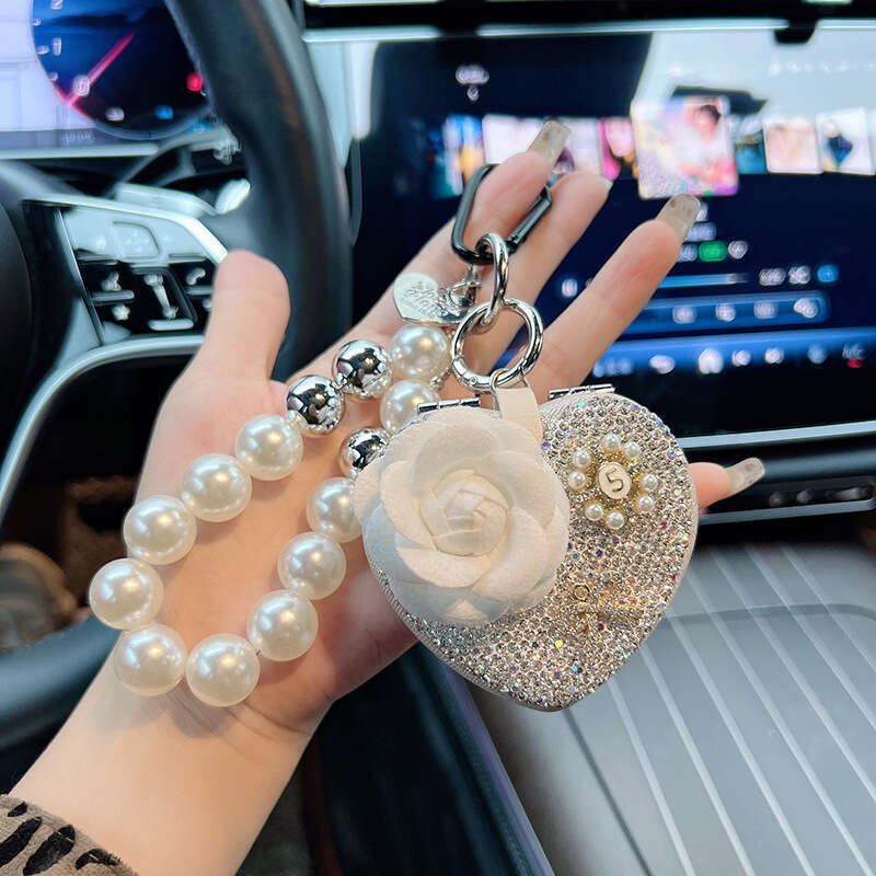 New Camellia Heart with Rhinestones Portable Folding Mirror Car Keychain Beaded Bag Pendant