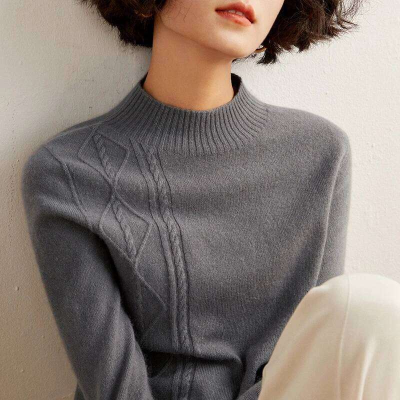 Women's Pullover Autumn/Winter 100% Pure Cashmere Casual Solid Knit Sweater Half Turtleneck Loose Tops All-Match Blouse MDNG