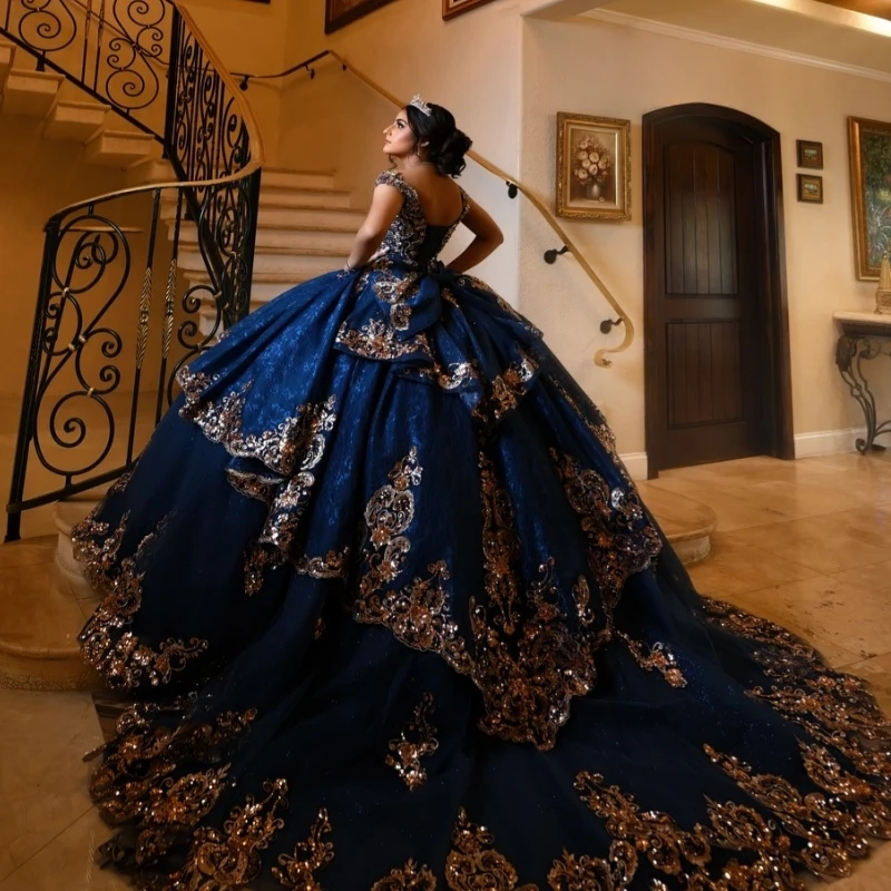 Royal Blue Shiny Quinceanera Dresses Off Shoulder Ball Gown Sweet 16 Dress Applique Lace Beading Bow Tull Birthday Party Vestidos 15 Anos