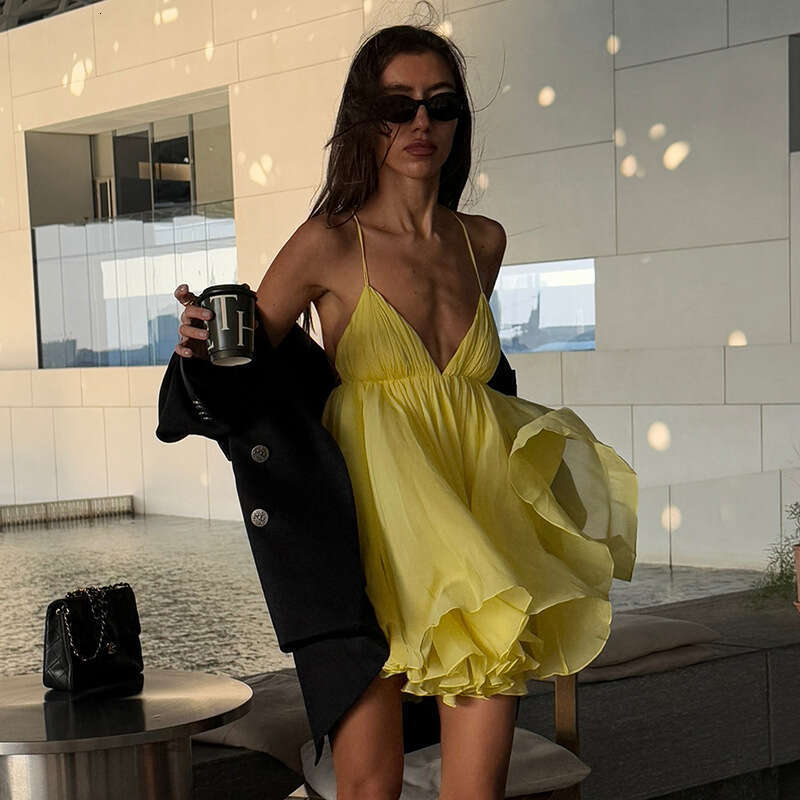 2025 Spring New Women's Solid Color Slim High Waist Fashion V-neck Strap Backless Dress e48