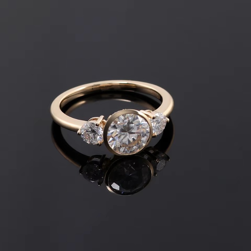Three Stone Style Forged Fine Diamond Cut Vintage Womens Rings 0.5-2carat Round Bezel Lab Diamond Engagement Ring 14k Yellow Gold Fashion Jewe