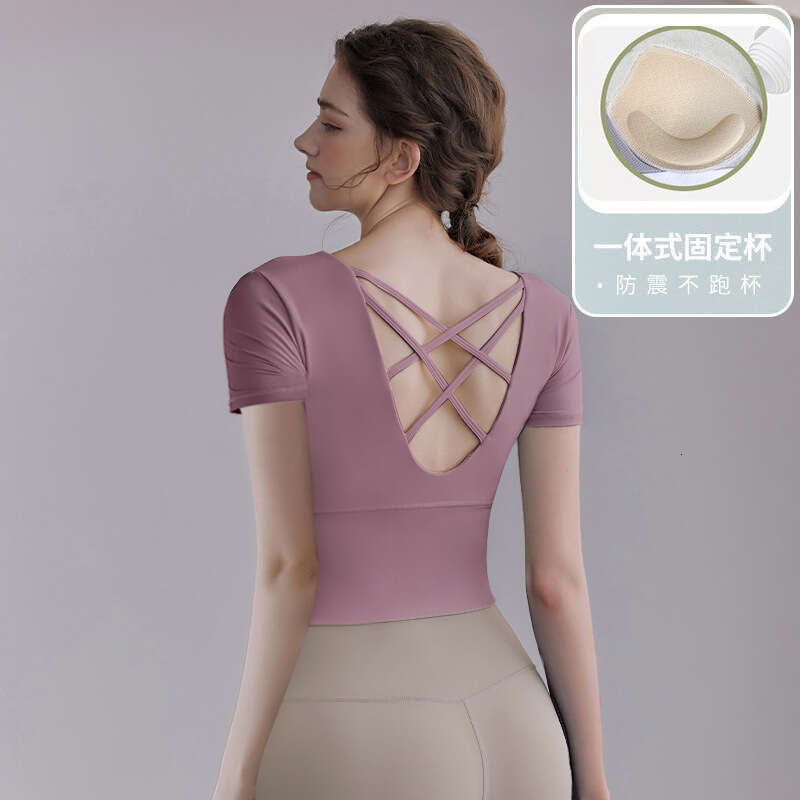 SXZY Fitness Yoga High-End Sports Bra Shockproof Short Sleeve with Chest Pads Quick-Dry Tight-Fitting Top for Women