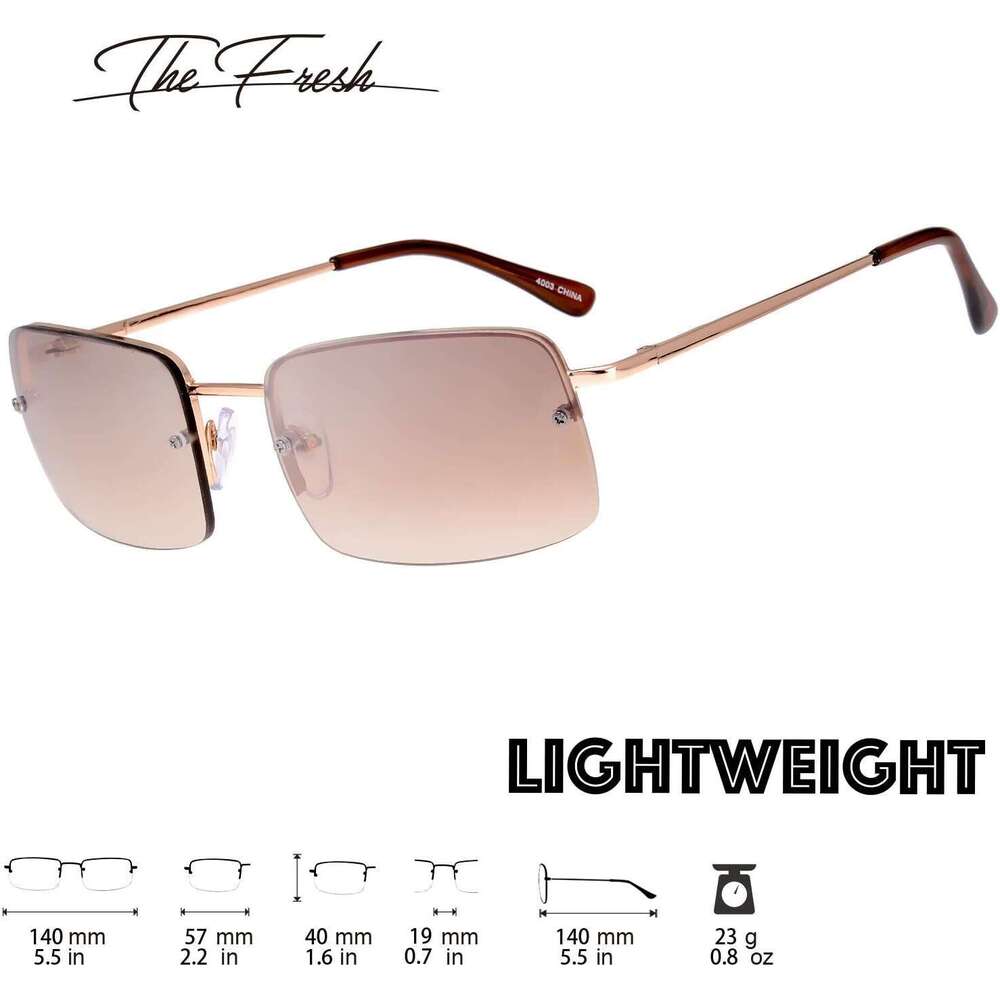 Minimalist Small Rectangular Sunglasses Clear Eyewear Spring Hinge - Gift Box Package (301-Gold, Gradient Brown, 57)