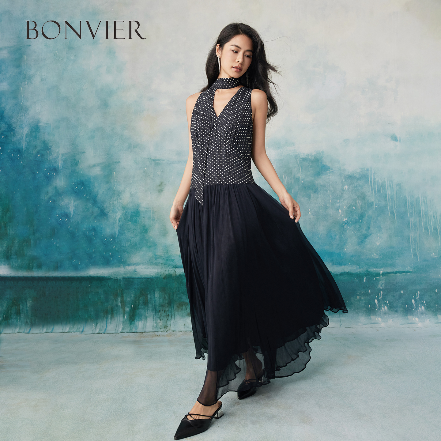 Lace Polka Dot Long Casual Dresses Spring Women Sleeveless Round Neck Big Swing Dress New Summer High Waist Knee Length Dress 6116835