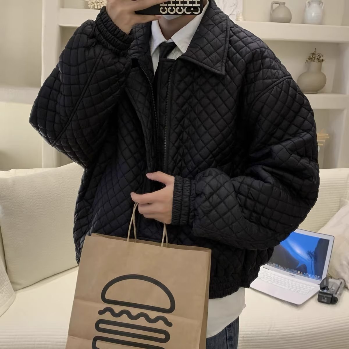 Dia Cotton Jacket Men's Autumn Winter Loose Jackets Solid Color Long Sleeves Turndown Collar Zipper Tops Casual Coat Parkas