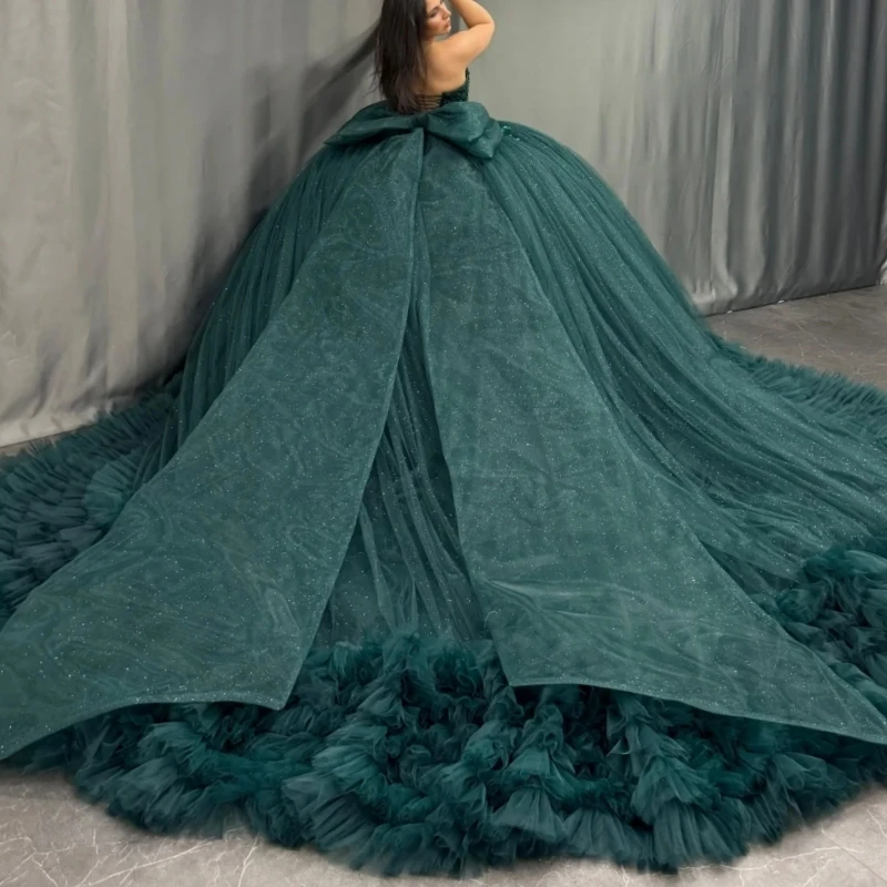 Blackish Green Shiny Quinceanera Dresses Off Shoulder Ball Gown Sweet 16 Dress Applique Beading Bow Tiered Tull Birthday Party Vestidos 15 Anos