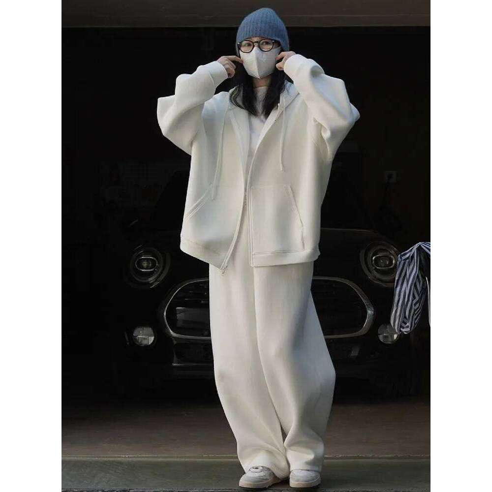 Spring Autumn Fashion Two-Piece Set Women Grey Tracksuit Hooded Sweatshirt Coat+Drawstring Wide Leg Sweatpants Sport Suits