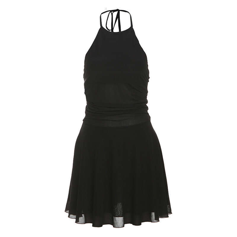 2025 Summer New Women's Fashion Sexy Backless Solid Color Irregular Tie Halter Dress e11