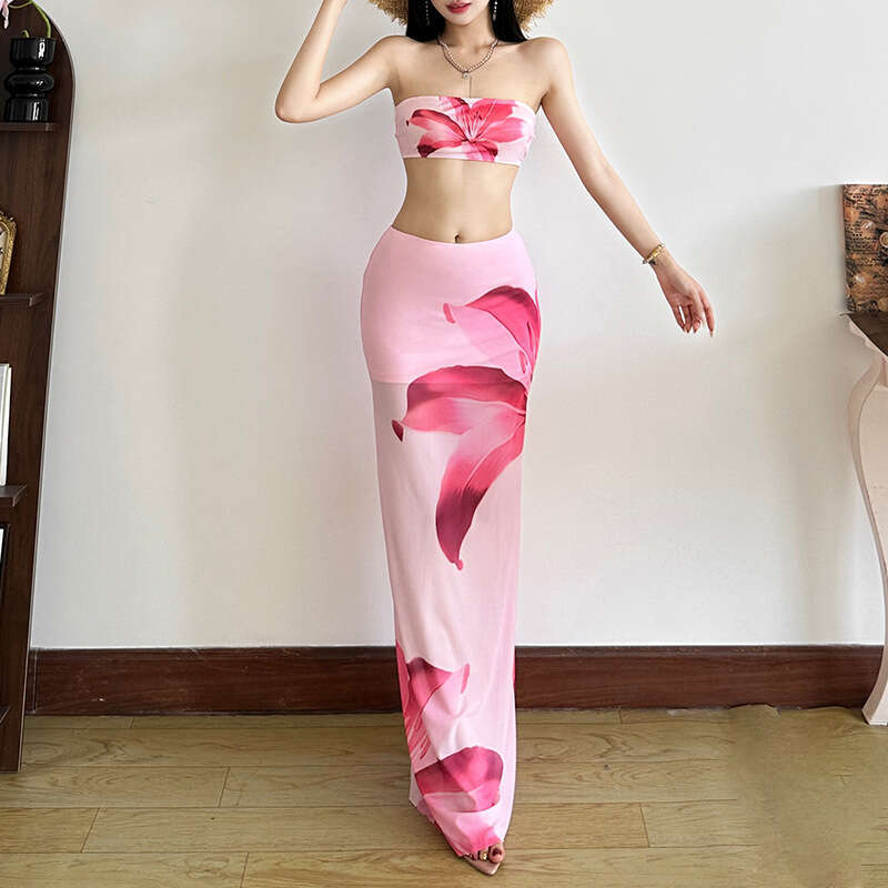 2025 Spring New Women's Solid Color Slim Fit Tube Top Vest Fashion High Waist Skirt Set 28c