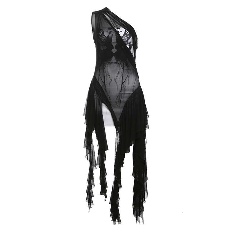 2025 Summer New Sexy One-Shoulder Sleeveless Mesh Two-Piece Irregular Slit Dress for Women 967