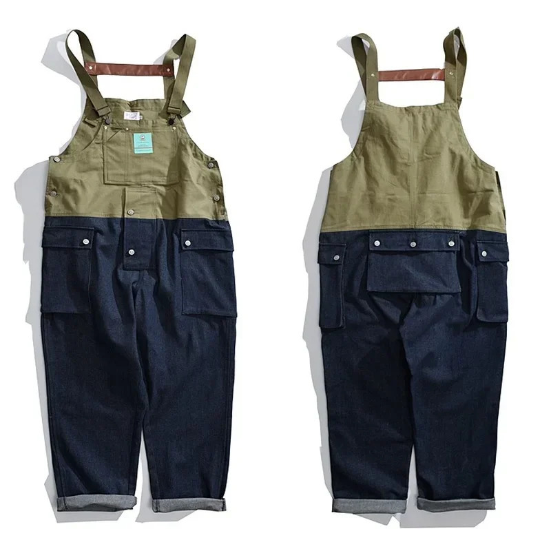 Men Jeans Color Matching Overalls Fashion Suspender Pants Daddy Denim Rompers Casual Baggy 250725