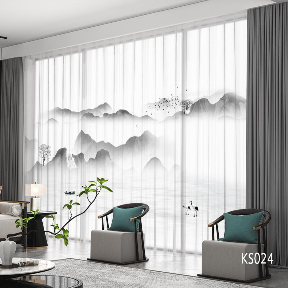 YL-36690 modern new Chinese style ink landscape painting scenery living room study high-end bedroom famous curtain Zen gauze curtain
