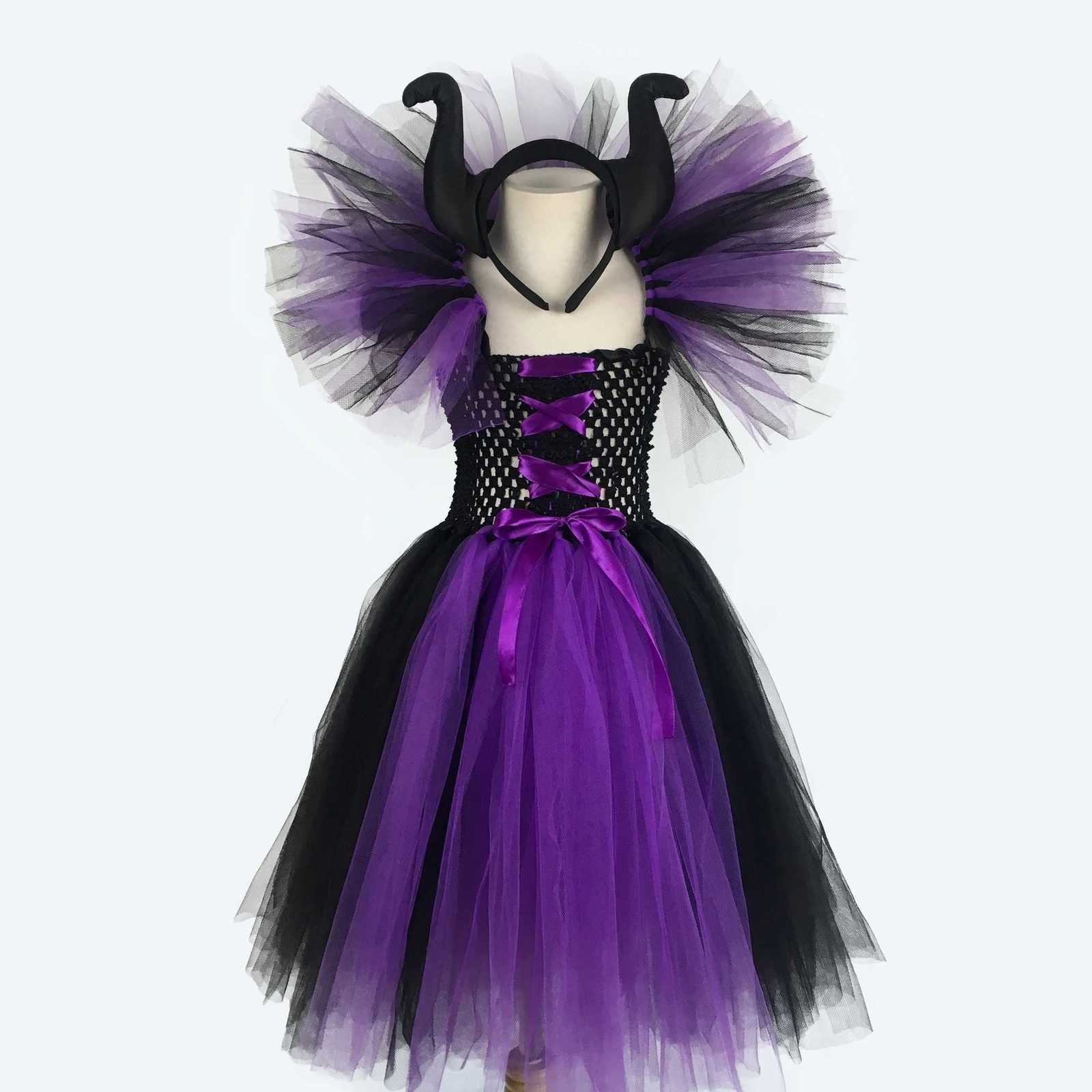 Girls Evil Queen Maleficent Witch Tutu Dress Kids Crochet Dress Ball Gown with Hairbow Children Halloween Par Costume Dresses Z250725